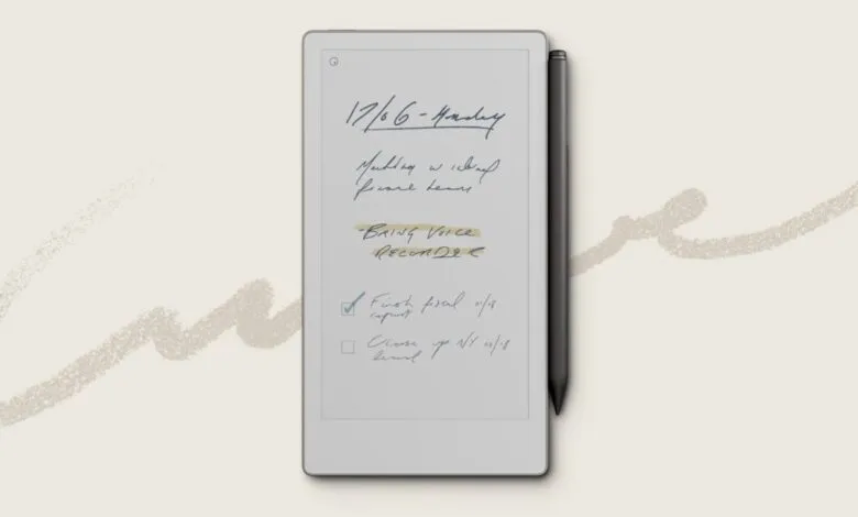 Digital notepad with handwritten notes and stylus, showcasing a minimalist design.