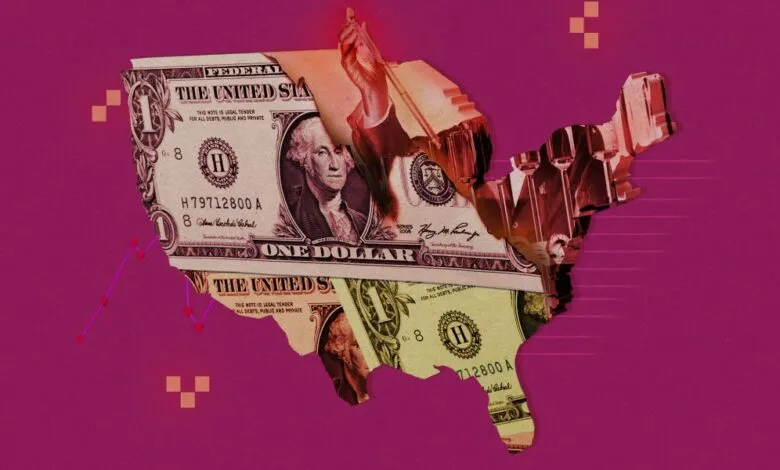 US map formed from torn dollar bills, showing rising research spending.