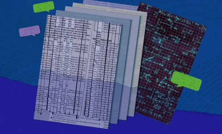 Collage of scientific papers and mathematical equations, suggesting research or study.