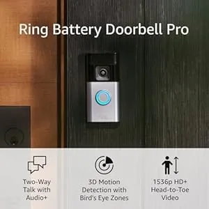 Ring Battery Doorbell Pro mounted on a dark gray door, showcasing its sleek design and key features like two-way talk and 3D motion detection.