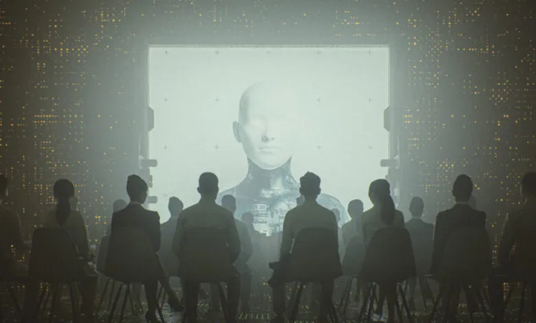 Audience viewing a large screen displaying a robotic female face, futuristic setting.