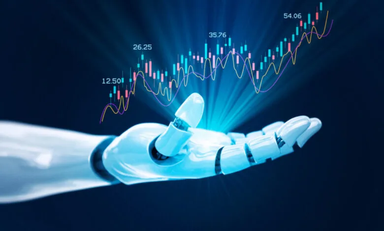 A robotic hand holding a glowing stock market graph with upward trend.