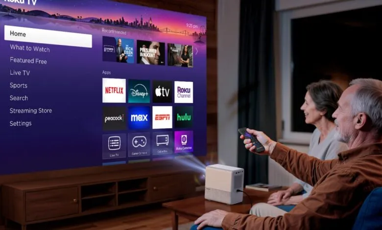 Senior couple enjoys streaming apps on a large screen projected from a Roku device in their living room.