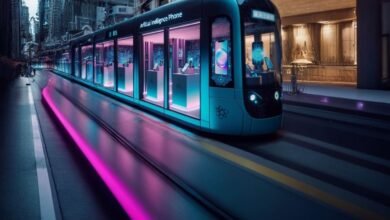 Futuristic teal tram showcasing AI phones, moving through a city at night with pink lighting.