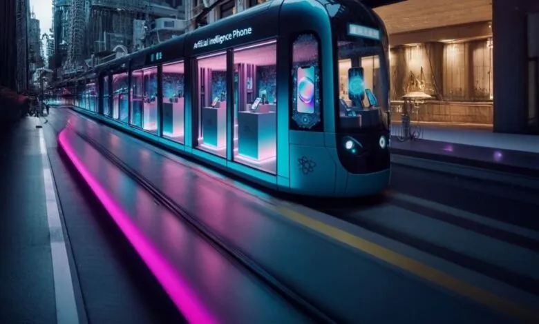 Futuristic teal tram showcasing AI phones, moving through a city at night with pink lighting.