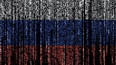 Russian flag depicted in cascading code, symbolizing cyberattacks or digital warfare.