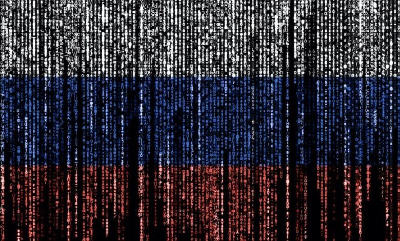 Russian flag depicted in cascading code, symbolizing cyberattacks or digital warfare.