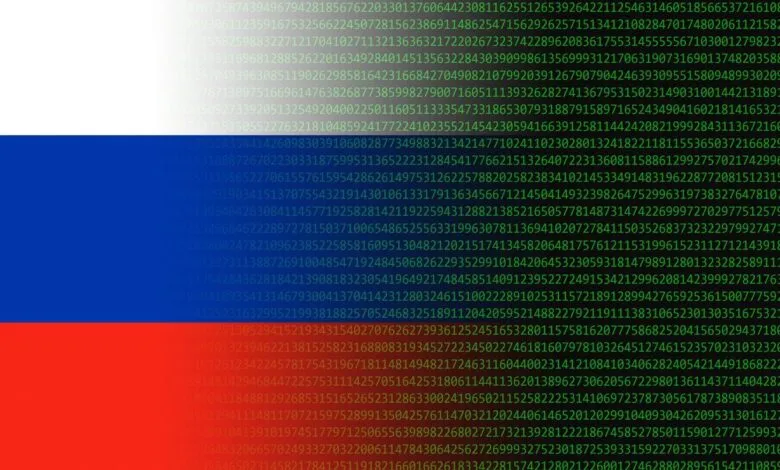 Russian flag with green digital code overlay, symbolizing internet control.