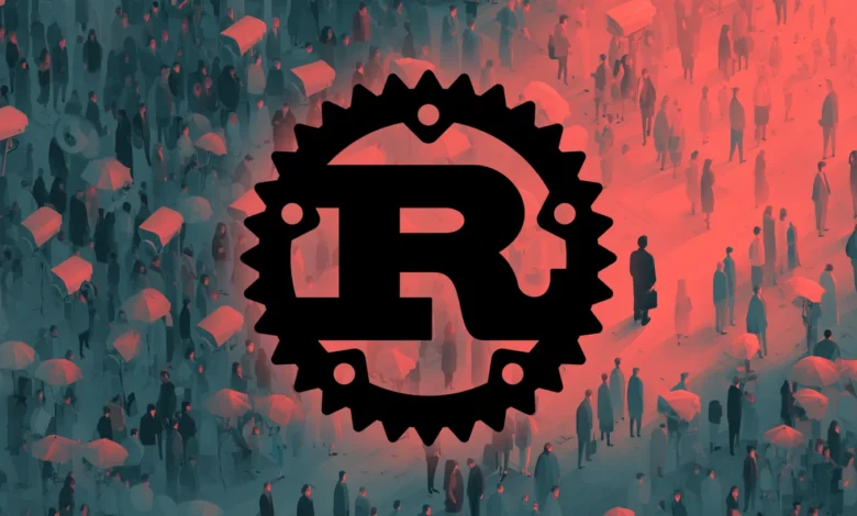 Rust programming language logo superimposed on a crowd of people, symbolizing its widespread use.