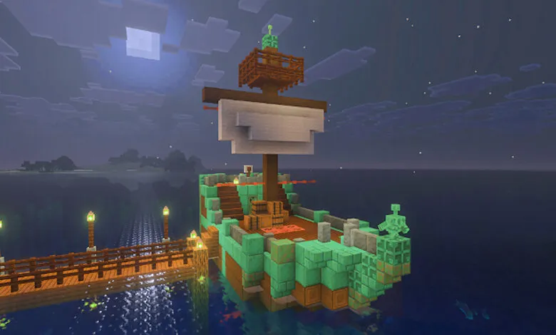 A pixelated pirate ship docked at a wooden pier at night.