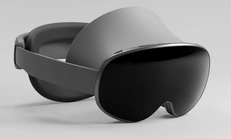 Sleek gray Samsung XR headset with dark lenses, shown at a slight angle against a light gray background.