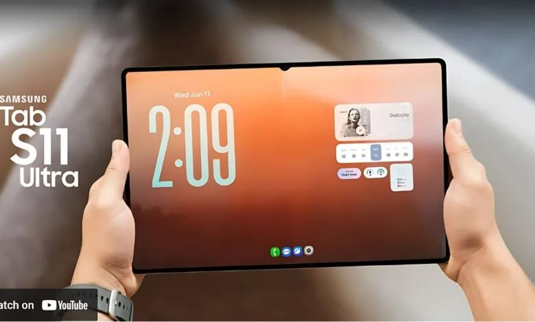 Hands holding a Samsung Galaxy Tab S11 Ultra, showcasing its large screen and user interface.