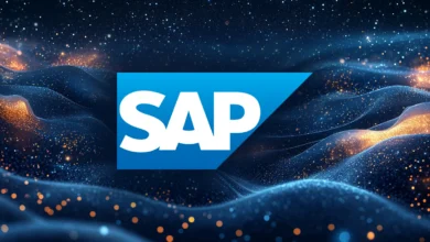 SAP logo on a dark blue, abstract background with sparkling lights.