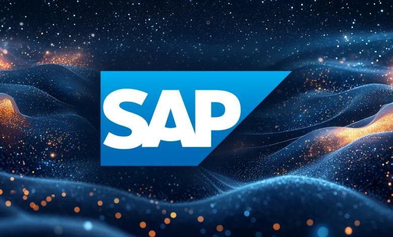 SAP logo on a dark blue, abstract background with sparkling lights.