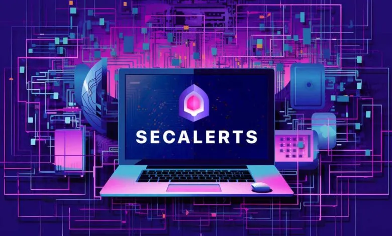 SecAlerts logo displayed on a laptop screen surrounded by a vibrant circuit board design.