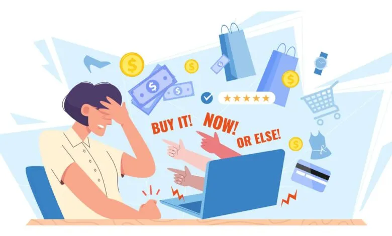 Illustration of stressed person overwhelmed by online shopping ads and notifications.