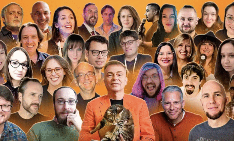 A collage of diverse people, with a man in an orange jacket holding a cat in the center.