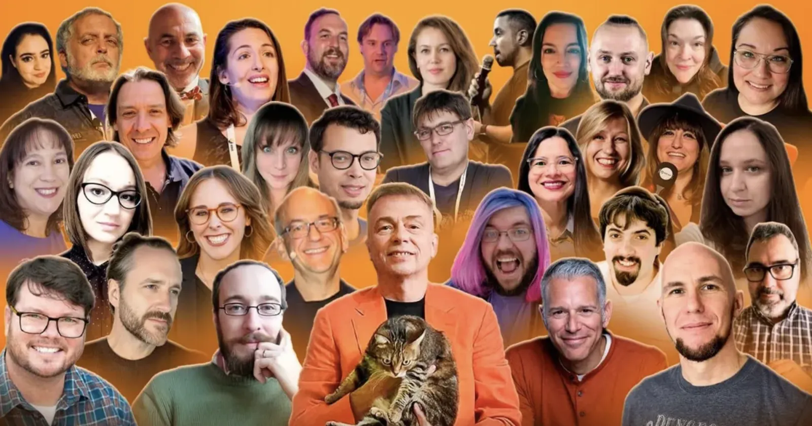 A collage of diverse people, with a man in an orange jacket holding a cat in the center.
