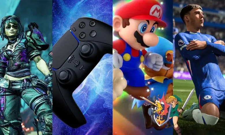 Collage of video game characters and a controller, featuring a female character, Mario, Link, and a soccer player.