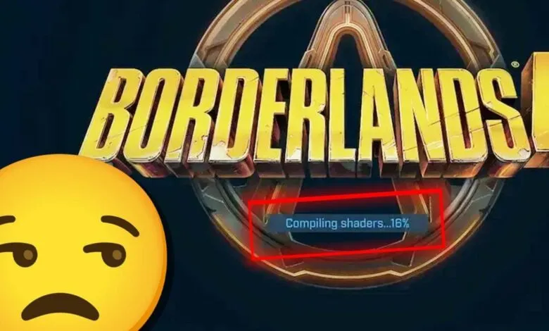 Borderlands 3 logo with a sad emoji and shader compilation progress.
