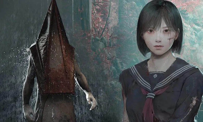 Pyramid Head and a young woman in a school uniform in a dark, eerie environment.