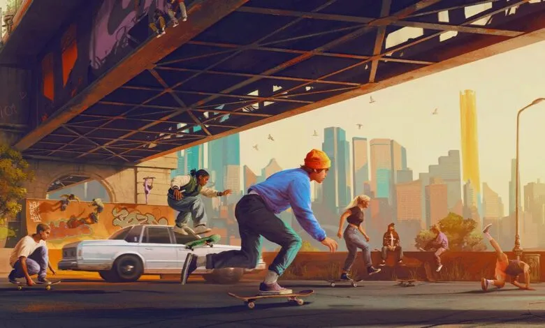 Skateboarders under a bridge in a city, vibrant colors, urban scene