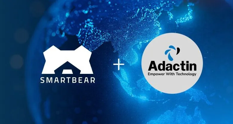 SmartBear and Adactin logos with a plus sign on a blue globe background.