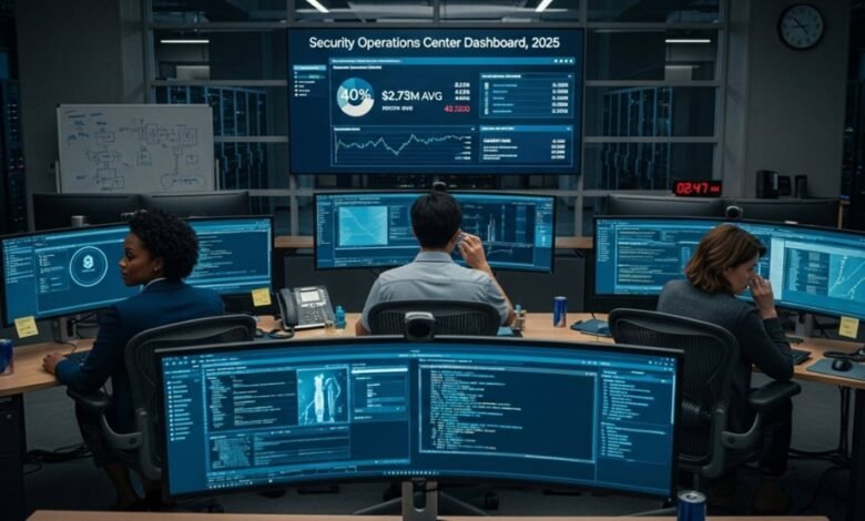 Three cybersecurity professionals work late at night in a modern SOC, monitoring dashboards displaying key metrics and code.