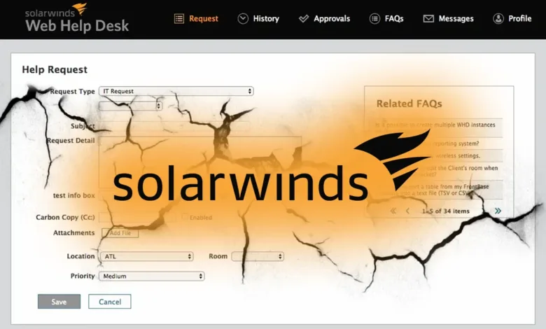 SolarWinds Web Help Desk interface showing a new IT request form with fields for type, subject, detail, and priority.