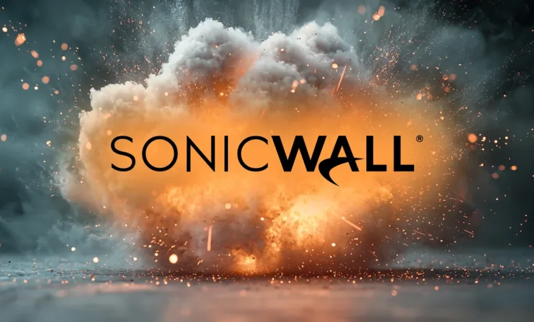 SonicWall logo superimposed on a dramatic explosion with smoke and sparks.