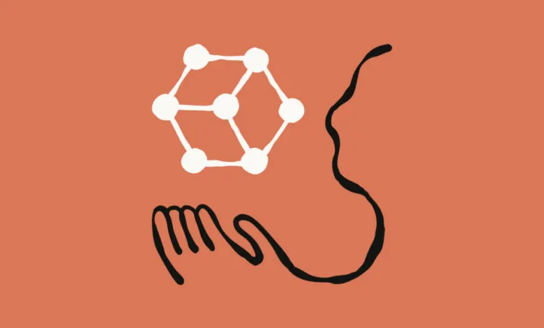 Abstract illustration of a hand reaching towards a network of white dots connected by lines.