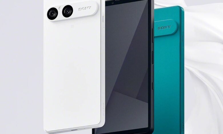 Sony Xperia 10 VII smartphone in white and teal, showcasing its sleek design and dual rear cameras.