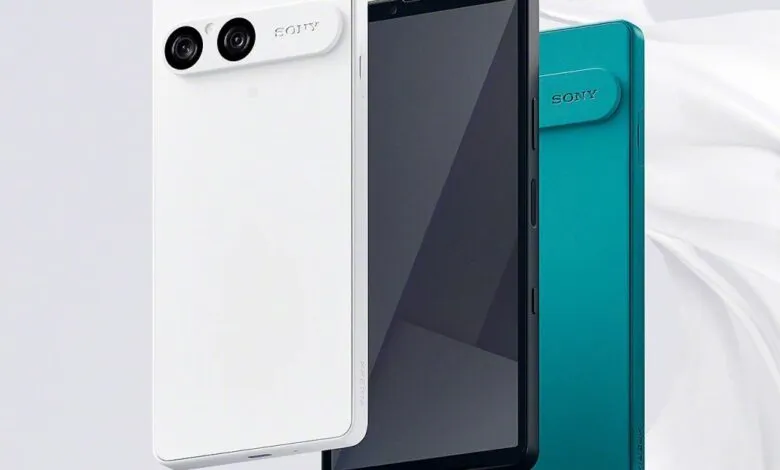 Sony Xperia 10 VII smartphone in white and teal, showcasing its sleek design and dual rear cameras.