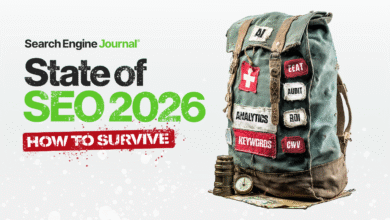 Worn backpack with SEO keywords, compass, and 'State of SEO 2026' graphic; symbolizes navigating SEO challenges.