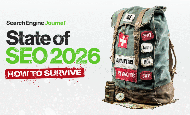Worn backpack with SEO keywords, compass, and 'State of SEO 2026' graphic; symbolizes navigating SEO challenges.