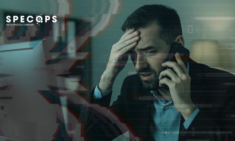 Stressed businessman on phone, distressed expression, glitch effect overlay, SpecOps logo visible.