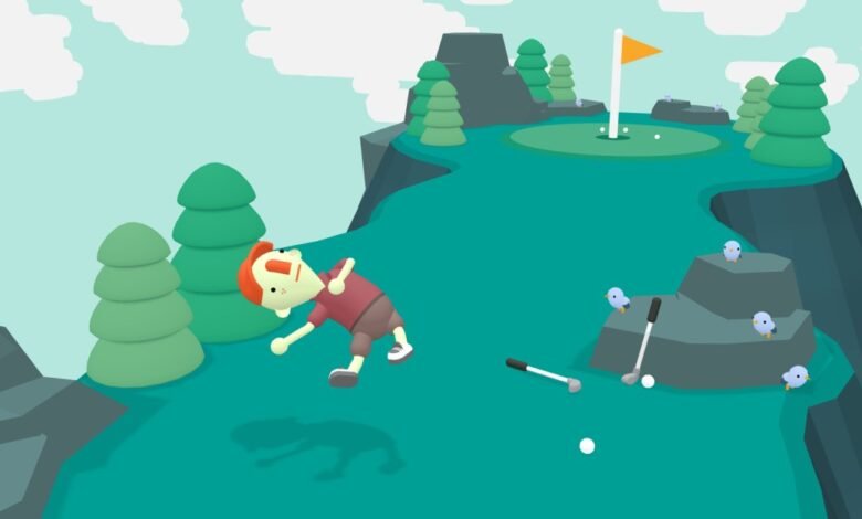 Cartoon golfer takes a tumble on a cliffside golf course. Birds watch nearby.