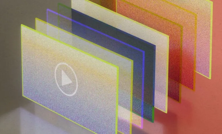 Layered video player icons with a grainy, glitchy effect in pastel colors.