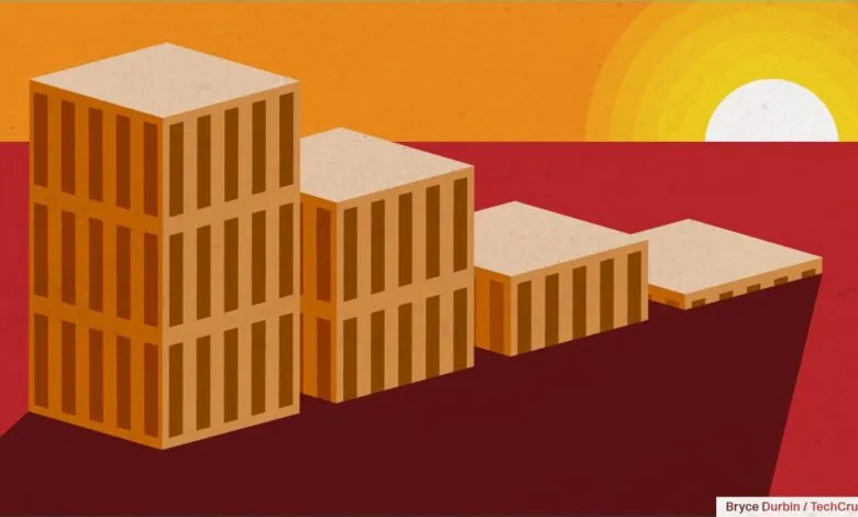 Stylized illustration of buildings decreasing in size towards a sunset.