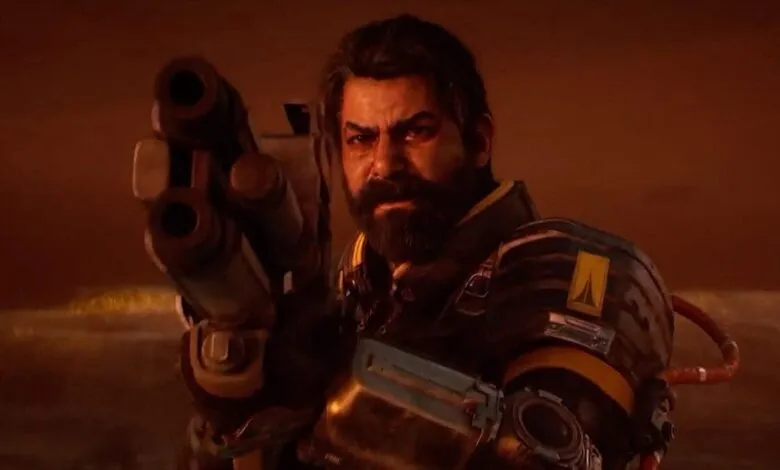 A man with a beard and a shotgun aims forward in a video game.