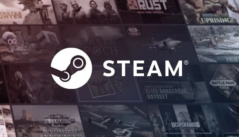 Steam video game platform logo displayed prominently over a collage of game artwork.