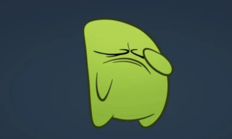 A lime green cartoon character with a sad expression, covering its face with its hand.