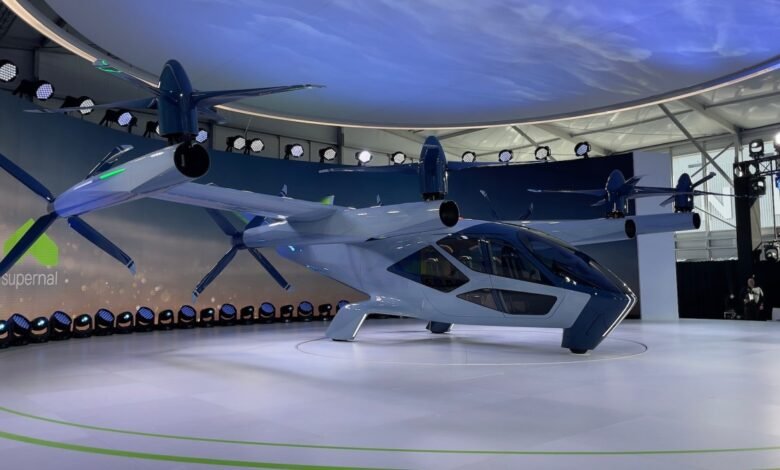Supernal's electric vertical takeoff and landing (eVTOL) aircraft on display.