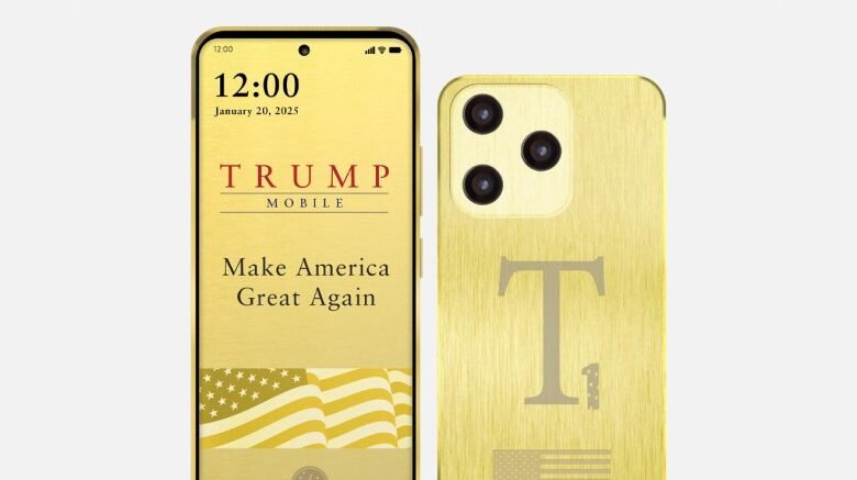 Gold Trump Mobile phone with 'Make America Great Again' slogan and American flag.