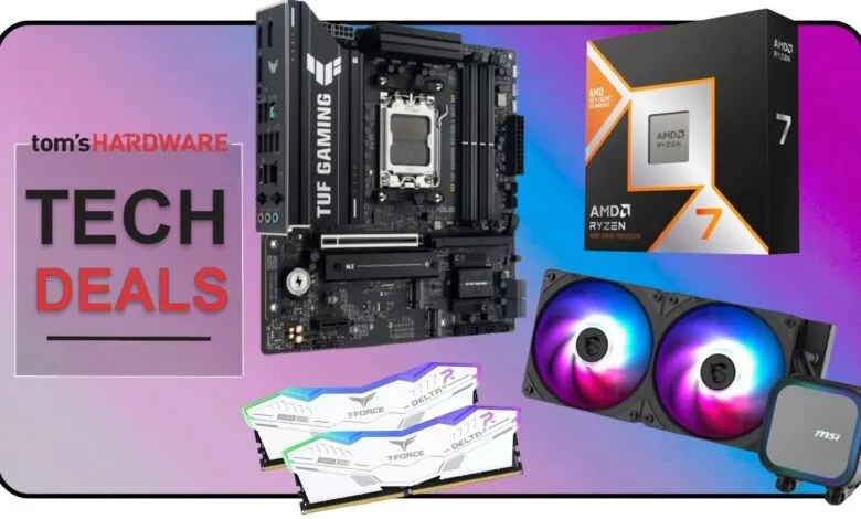 PC hardware deals featuring AMD Ryzen 7 processor, motherboard, RAM, and cooler.