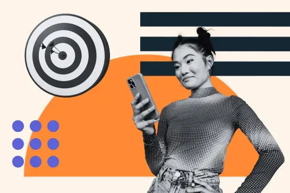Woman on phone, bullseye graphic; reaching target audience concept