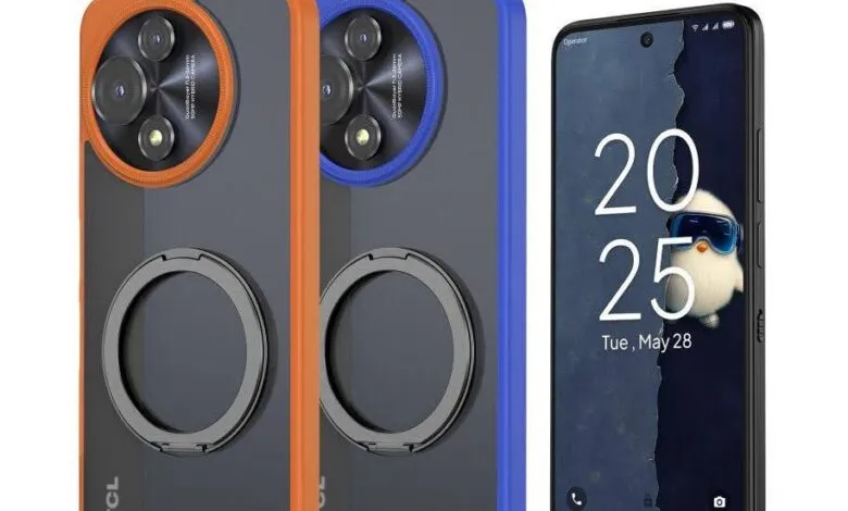 TCL NXTpaper 5G phone with orange and blue cases, featuring a circular camera array and a ring stand.