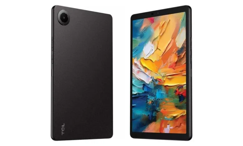 Black TCL tablet shown from front and back, displaying a colorful abstract painting.