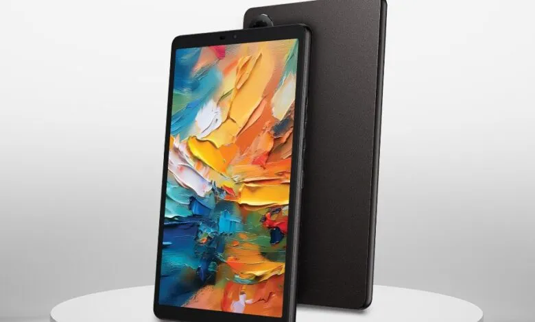 A black TCL Tab 8 tablet displaying a vibrant abstract painting.