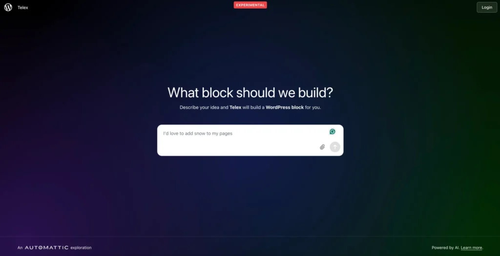 Telex, an experimental WordPress block builder, prompts users to describe their ideal block. A dark interface with a text input field is shown.